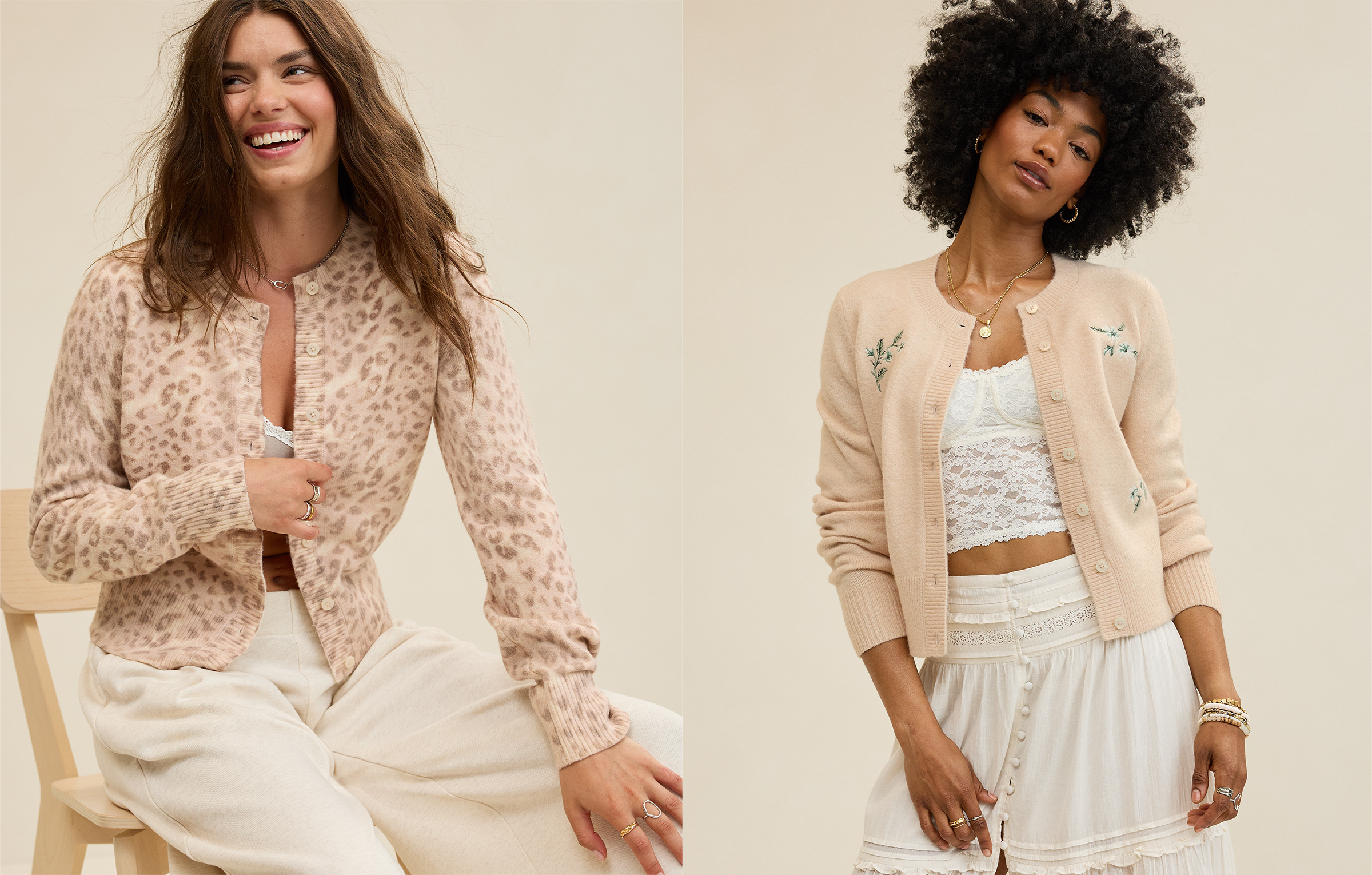 Two girls in brown fall cardigans.