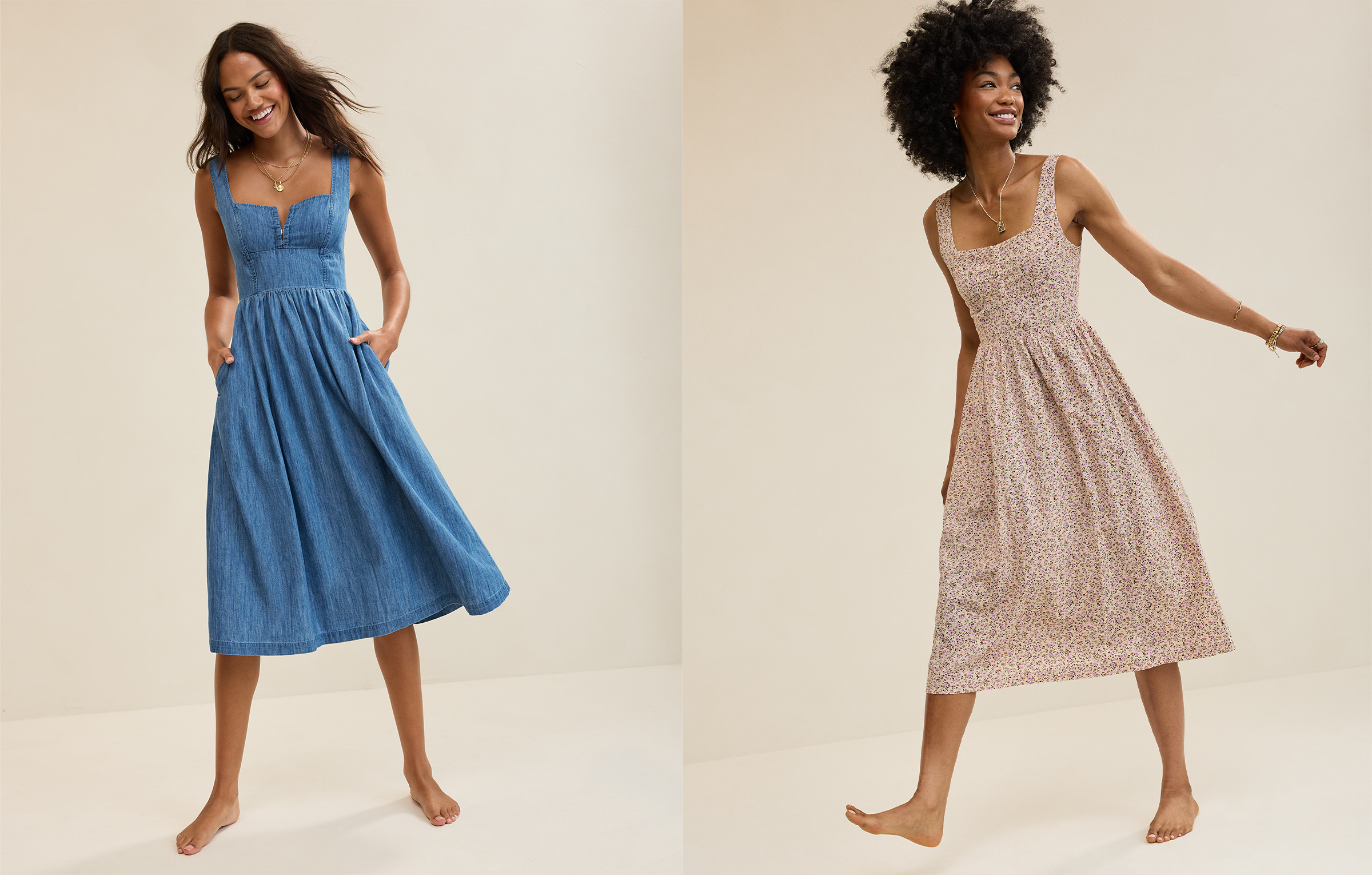 Two women wearing fall dresses.