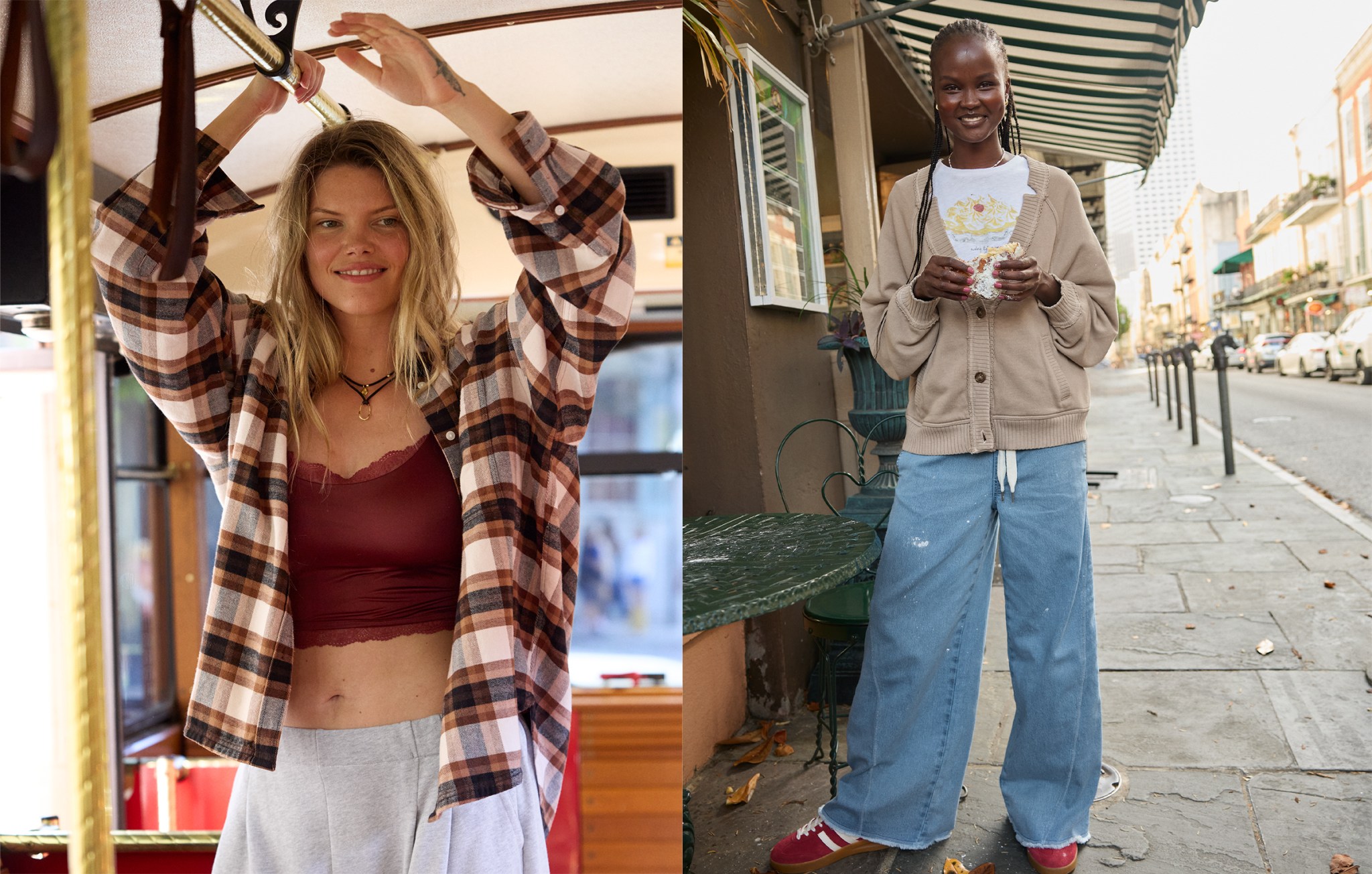 Two women sporting fall outfits featuring flannels and cozy cardigans.
