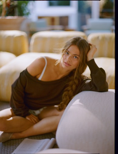 Woman in Aerie underwear and loungewear.