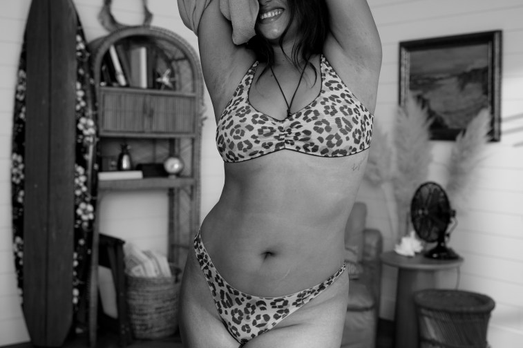 Woman wearing matching Aerie bra and underwear.