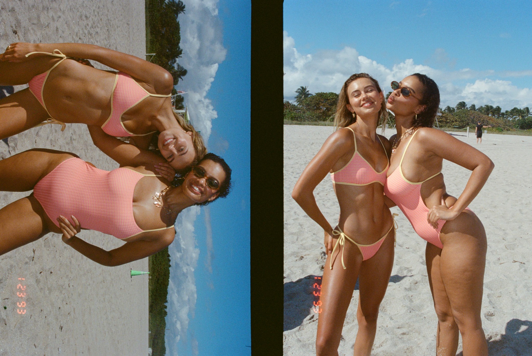 Two women wearing coral Aerie swimsuits.