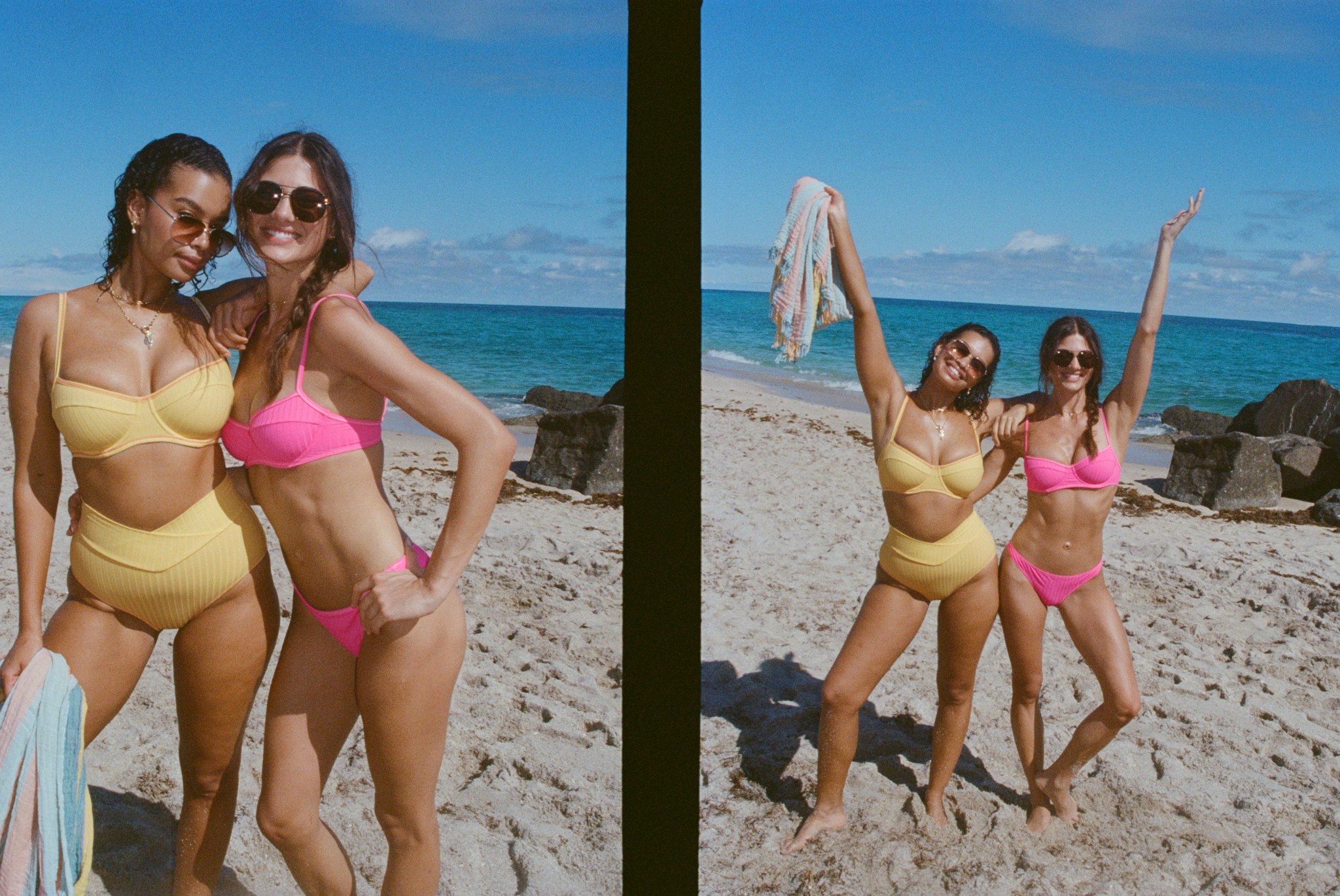 Women wearing pink and yellow Aerie bikinis.