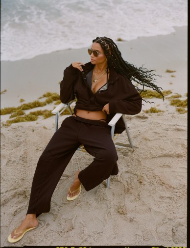 Woman wearing dark Aerie matching loungewear set.